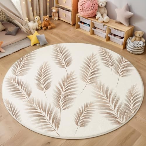 Braune Palmblätter Rutschfest Runder Teppich 80cm, Tropische Pflanzen Runder Teppich Wohnzimmer, Hellbraun Dekoration Teppiche Weich Waschbar Für Zuhause Bodenmatte Schlafzimmer Dekorativer Teppiche von ZISTRCBAO