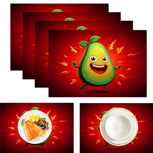 Cartoon-Avocado Tischsets Abwaschbar 2er Set, Niedlich Kindlich Platzsets Abwischbar Leinen Hitzebeständig Platzdeckchen rutschfest Für Essen Partys Und Täglichen Gebrauch 45x30cm, Rot von ZISTRCBAO