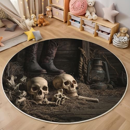 Cowboystiefel Mit Totenkopf-Motiv Kurzflor Teppich Rund, Vintage-Gotik Wohnzimmerteppich, Braun Runder Teppich 80cm Round Eingangsbereich Waschbar Weich for Wohnzimmer Schlafzimmer Studie Heimbüro Cowboystiefel Mit Totenkopf-Motiv Kurzflor Teppich Rund, Vintage-Gotik Wohnzimmerteppich, Braun Runder Teppich 80cm Round Eingangsbereich Waschbar Weich for Wohnzimmer Schlafzimmer Studie Heimbüro von ZISTRCBAO