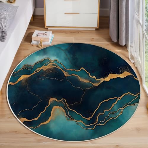 Dunkelblaugrüner Marmor Runder Teppich, Moderne Abstraktion Runde, Weich Waschbar rutschfest Wohnzimmer Schlafzimmer Nachttisch Restaurant Korridor Fußmatte (80cm, Blaugrün) von ZISTRCBAO
