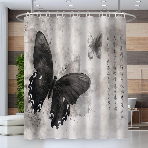 Duschvorhang Wasserdichter 180*180cm Duschvorhang Waschbar Schnelltrocknender Stoff Polyester Badewanne Vorhang mit 12 Duschvorhängeringen,Blickdicht Chinesische Schriftzeichen Graffiti-Schmetterling von ZISTRCBAO