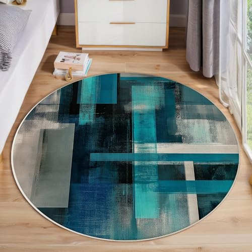 Farbverlauf Aquarell Geometrisch Kurzflor Teppich Rund, Moderne Abstrakte Wohnzimmerteppich, Blaugrün Runder Teppich 120cm Round Eingangsbereich Waschbar Weich for Wohnzimmer Schlafzimmer Studie von ZISTRCBAO