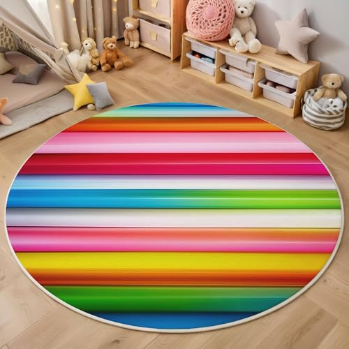 Farbverlauf Regenbogenstreifen Kurzflor Teppich Rund, Moderne Abstrakte Wohnzimmerteppich, Mehrfarbig Runder Teppich 60cm Round Eingangsbereich Waschbar Weich for Wohnzimmer Schlafzimmer Heimbüro von ZISTRCBAO