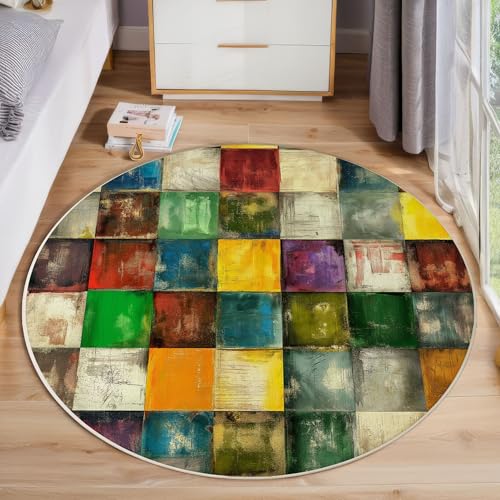 Farbverlaufsquadrate Runder Teppich, Moderne Abstraktion Runde Teppiche, Weich Waschbar rutschfest Wohnzimmer Schlafzimmer Nachttisch Restaurant Korridor Fußmatte Teppiche (120cm, Mehrfarbig) von ZISTRCBAO