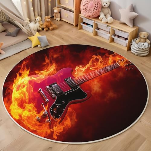 Flammengitarre Kurzflor Teppich Rund, Moderne Abstraktion Wohnzimmerteppich, Rot Runder Teppich 80cm Round Eingangsbereich Waschbar Weich for Wohnzimmer Schlafzimmer Studie Heimbüro von ZISTRCBAO