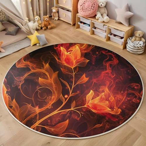 Flammenrose rutschfest Runder Teppich 60cm, Moderne Abstraktion Runder Teppich Wohnzimmer, Orange Dekoration Teppiche Weich Waschbar Für Zuhause Bodenmatte Schlafzimmer Dekorativer Teppiche von ZISTRCBAO
