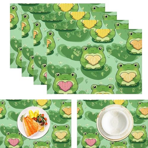 Frosch-Lotusblatt Leinen Platzsets Für Tisch 2er Set, Cartoon-Tier Bedruckte Tischsets Große Baumwolle Leinen rutschfeste Abwaschbar Platzsets Für Party Kitchen Restaurant (45x30cm, Grün) von ZISTRCBAO