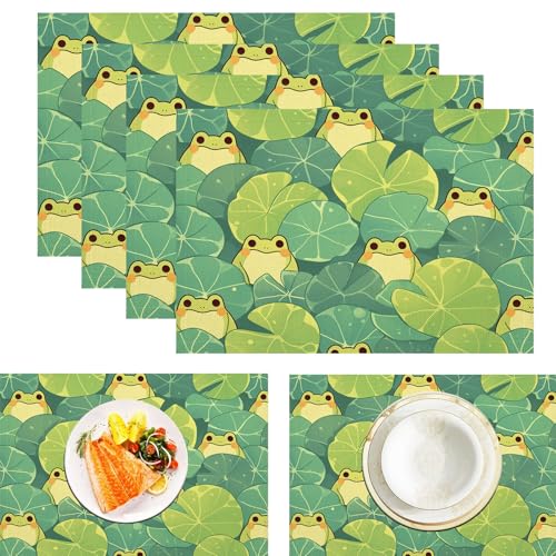 Frosch-Seerose Leinen Platzsets Für Tisch 2er Set, Cartoon-Tier Bedruckte Tischsets Große Baumwolle Leinen rutschfeste Abwaschbar Platzsets Für Party Kitchen Restaurant (45x30cm, Grün) von ZISTRCBAO