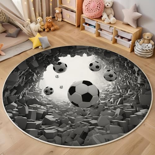 Fußball Durchbricht Ziegelmauer rutschfest Runder Teppich 120cm, Moderne Abstrakte Runder Teppich Wohnzimmer, Grau DekorationWeich Waschbar Für Zuhause Bodenmatte Schlafzimmer Dekorativer von ZISTRCBAO