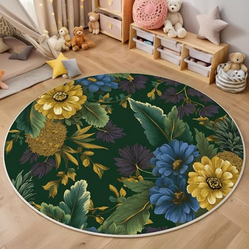 Gelb Blau Geblümt Kurzflor Teppich Rund, Tropische Pflanzen Wohnzimmerteppich, Mehrfarbig Runder Teppich 60cm Round Eingangsbereich Waschbar Weich for Wohnzimmer Schlafzimmer Studie Heimbüro von ZISTRCBAO