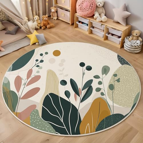Geometrische Blätter Kurzflor Teppich Rund, Moderne Abstrakte Wohnzimmerteppich, Mehrfarbig Runder Teppich 180cm Round Eingangsbereich Waschbar Weich for Wohnzimmer Schlafzimmer Studie Heimbüro von ZISTRCBAO