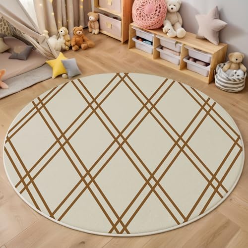Gestreift Geometrisch Runder Teppich, Modern Einfach Runde Teppiche, Weich Waschbar rutschfest Wohnzimmer Schlafzimmer Nachttisch Restaurant Korridor Fußmatte Teppiche (160cm, Creme) von ZISTRCBAO