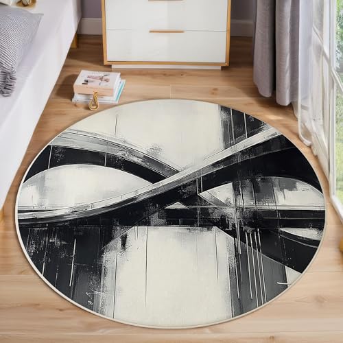 Gestreifte Kreise Runder Teppich, Moderne Abstrakte Runde, Weich Waschbar rutschfest Wohnzimmer Schlafzimmer Nachttisch Restaurant Korridor Fußmatte (100cm, Schwarz) von ZISTRCBAO