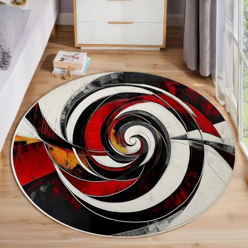 Gestreifter Wirbel Kurzflor Teppich Rund, Moderne Abstraktion Wohnzimmerteppich, Schwarz Runder Teppich 120cm Round Eingangsbereich Waschbar Weich for Wohnzimmer Schlafzimmer Studie Heimbüro von ZISTRCBAO