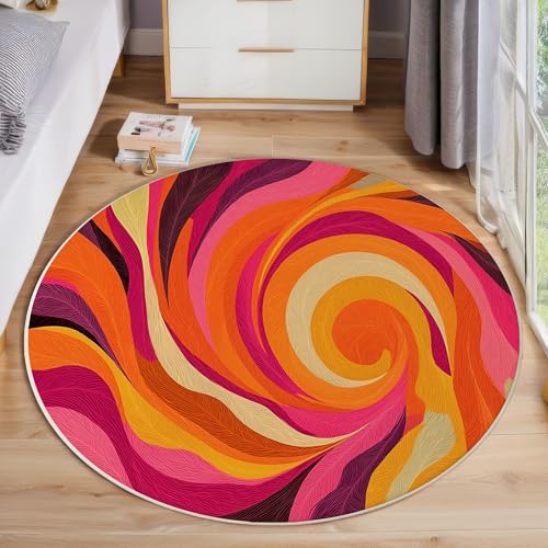 Gestreifter Wirbel Runder Teppich, Moderne Abstraktion Runde Teppiche, Weich Waschbar rutschfest Wohnzimmer Schlafzimmer Nachttisch Restaurant Korridor Fußmatte Teppiche (120cm, Orange) von ZISTRCBAO
