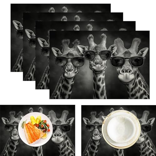 Giraffe Mit Brille Tischsets Abwaschbar 2er Set, Tierrealismus Platzsets Abwischbar Leinen Hitzebeständig Platzdeckchen rutschfest Für Essen Partys Und Täglichen Gebrauch 45x30cm, Schwarz von ZISTRCBAO