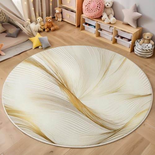 Goldene Wellenstreifen Kurzflor Teppich Rund, Moderne Abstraktion Wohnzimmerteppich, Gold Runder Teppich 100cm Round Eingangsbereich Waschbar Weich for Wohnzimmer Schlafzimmer Studie Heimbüro von ZISTRCBAO