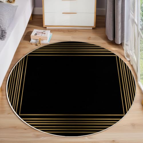 Goldliniengeometrie Rund Bereich Teppich 120cm, Moderne Abstraktion Weich Teppich Rund, Waschbar rutschfest Wohnzimmer Teppiche Für Schlafzimmer Terrasse Garten Küchen, Schwarz von ZISTRCBAO