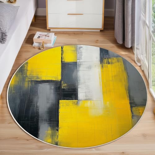 Graugelbe Abstrakte Geometrie Runder Teppich, Minimalismus Runde, Weich Waschbar rutschfest Wohnzimmer Schlafzimmer Nachttisch Restaurant Korridor Fußmatte (180cm, Gelb) von ZISTRCBAO