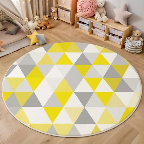 Grauweißes Dreieck Rutschfest Runder Teppich 60cm, Moderne Schlichtheit Runder Teppich Wohnzimmer, Gelb Dekoration Teppiche Weich Waschbar Für Zuhause Bodenmatte Schlafzimmer Dekorativer Teppiche von ZISTRCBAO