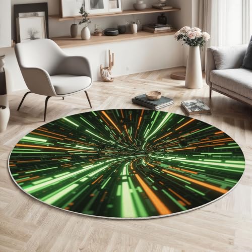 Grün-Orange Streifen Kurzflor Teppich Rund, Moderne Abstrakte Teppich Runder 180cm, Grün Kreis Eingangsteppich Maschine Waschbarer Teppiche Für Wohnzimmer Schlafzimmer Esszimmer Küchenakzent von ZISTRCBAO