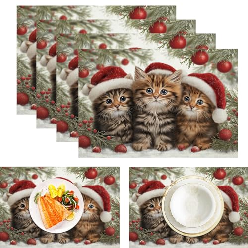 Katze Mit Weihnachtsmütze Tischsets Abwaschbar 2er Set, Süße Tiere Platzsets Abwischbar Leinen Hitzebeständig Platzdeckchen rutschfest Für Essen Partys Und Täglichen Gebrauch 45x30cm, Braun von ZISTRCBAO