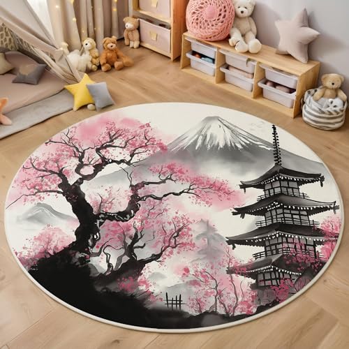 Kirschblüten Der Bergpagode Kurzflor Teppich Rund, Japanische Tuschemalerei Wohnzimmerteppich, Rosa Runder Teppich 60cm Round Eingangsbereich Waschbar Weich for Wohnzimmer Schlafzimmer Studie Heimbüro von ZISTRCBAO