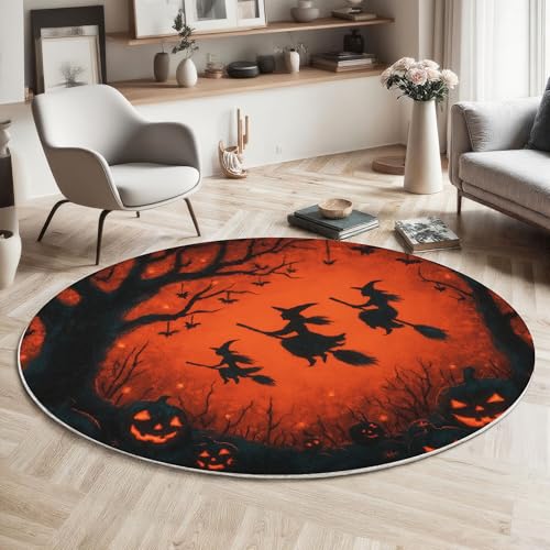 Kürbisfledermaus Kurzflor Teppich Rund, Halloween-Thema Teppich Runder 180cm, Dunkelorange Kreis Eingangsteppich Maschine Waschbarer Teppiche Für Wohnzimmer Schlafzimmer Esszimmer Küchenakzent von ZISTRCBAO