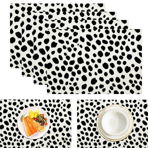 Leopardenflecken Leinen Platzsets Für Tisch 4er Set, Aquarell Bedruckte Tischsets Große Baumwolle Leinen rutschfeste Abwaschbar Platzsets Für Party Kitchen Restaurant (45x30cm, Schwarz Weiß) von ZISTRCBAO
