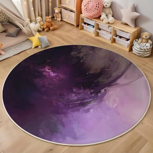 Lila Aquarell Textur Kurzflor Teppich Rund, Moderne Abstrakte Wohnzimmerteppich, Lila Runder Teppich 60cm Round Eingangsbereich Waschbar Weich for Wohnzimmer Schlafzimmer Studie Heimbüro von ZISTRCBAO