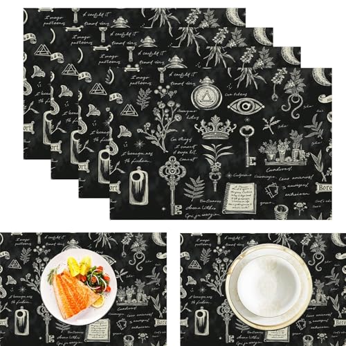 Mystisches Symbol Tischsets Abwaschbar 2er Set, Vintage-Luxus Platzsets Abwischbar Leinen Hitzebeständig Platzdeckchen rutschfest Für Essen Partys Und Täglichen Gebrauch 45x30cm, Schwarz von ZISTRCBAO