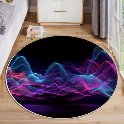 Neon-Wellenstreifen Runder Teppich, Moderne Abstraktion Runde Teppiche, Weich Waschbar rutschfest Wohnzimmer Schlafzimmer Nachttisch Restaurant Korridor Fußmatte Teppiche (120cm, Lila) von ZISTRCBAO