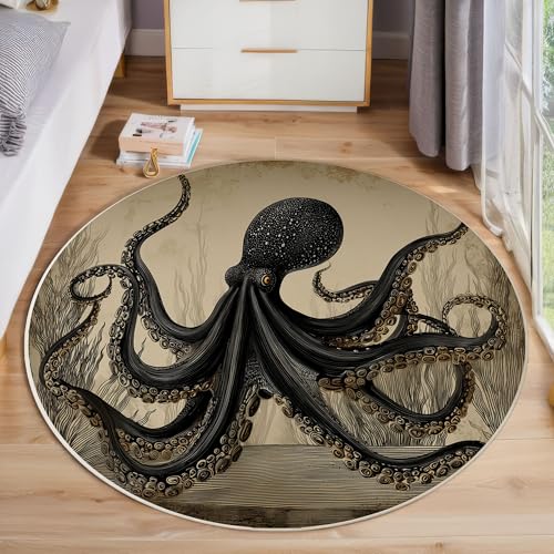Oktopus Tier Rutschfest Runder Teppich 80cm, Vintage-Illustration Runder Teppich Wohnzimmer, Dunkelgrau Dekoration Teppiche Weich Waschbar Für Zuhause Bodenmatte Schlafzimmer Dekorativer Teppiche von ZISTRCBAO