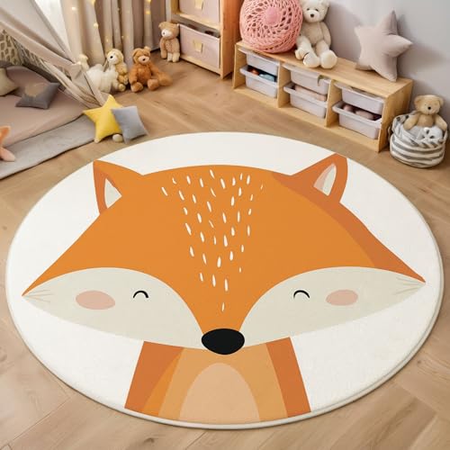 Orange Fuchs Rutschfest Runder Teppich 160cm, Niedliche Cartoon-Tiere Runder Teppich Wohnzimmer, Orange Dekoration Teppiche Weich Waschbar Für Zuhause Bodenmatte Schlafzimmer Dekorativer Teppiche von ZISTRCBAO