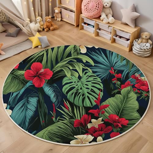 Palmblatt-Hibiskusblüten Kurzflor Teppich Rund, Tropische Pflanze Wohnzimmerteppich, Grün Runder Teppich 80cm Round Eingangsbereich Waschbar Weich for Wohnzimmer Schlafzimmer Studie Heimbüro von ZISTRCBAO