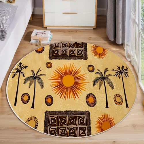 Palmensonne Rutschfest Runder Teppich 100cm, Afrikanischer Stammesstil Runder Teppich Wohnzimmer, Braun Dekoration Teppiche Weich Waschbar Für Zuhause Bodenmatte Schlafzimmer Dekorativer Teppiche von ZISTRCBAO