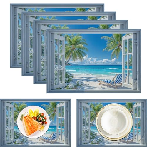 Palmenstrand Platzsets 4er Set, Leinen Strandblick Aus Dem Fenster Tischsets Waschbar Platzdeckchen Leinen Hitzebeständig Platzdeckchen Dekor Für Küche Speisetisch Restaurant Bauernhaus, Blau 45x30cm von ZISTRCBAO