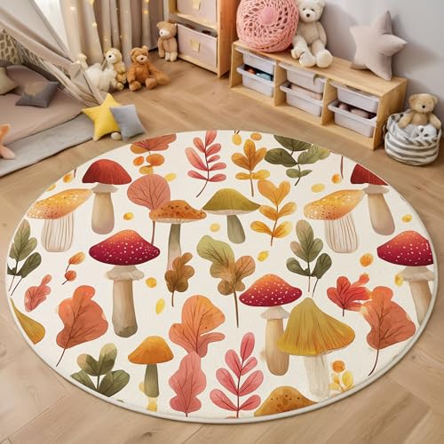 Pilz Herbstblätter Rutschfest Runder Teppich 60cm, Aquarellpflanzen Runder Teppich Wohnzimmer, Orange Dekoration Teppiche Weich Waschbar Für Zuhause Bodenmatte Schlafzimmer Dekorativer Teppiche von ZISTRCBAO