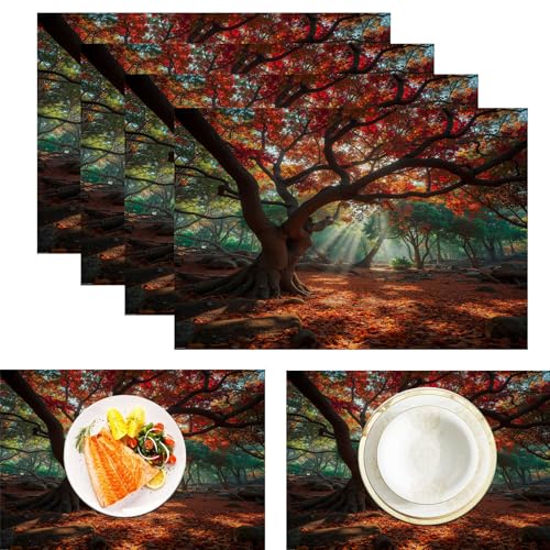 Platzsets Ahornblätter Fallen, Tischset Satz Mit 4er Set 45x30cm Herbstszene Tischuntersetzer Abwaschbar Verrutscht Nicht Platzdeckchen Für Urlaub Bankett Die Küche Party Deko, Orange von ZISTRCBAO