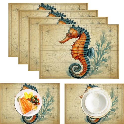 Platzsets Alte Karte Seepferdchen, Tischset Satz Mit 6er Set 45x30cm Nautisches Thema Tischuntersetzer Abwaschbar Verrutscht Nicht Platzdeckchen Für Urlaub Bankett Die Küche Party Deko, Orange Platzsets Alte Karte Seepferdchen, Tischset Satz Mit 6er Set 45x30cm Nautisches Thema Tischuntersetzer Abwaschbar Verrutscht Nicht Platzdeckchen Für Urlaub Bankett Die Küche Party Deko, Orange von ZISTRCBAO