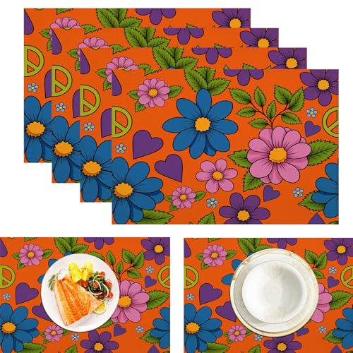 Platzsets Cartoon Blumen, Tischset Satz Mit 2er Set 45x30cm Retro-Abstrakt Tischuntersetzer Abwaschbar Verrutscht Nicht Platzdeckchen Für Urlaub Bankett Die Küche Party Deko, Orange von ZISTRCBAO