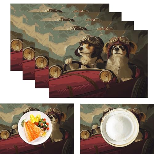 Platzsets Hund Mit Helm, Tischset Satz Mit 4er Set 45x30cm Cartoon-Tier Tischuntersetzer Abwaschbar Verrutscht Nicht Platzdeckchen Für Urlaub Bankett Die Küche Party Deko, Braun von ZISTRCBAO