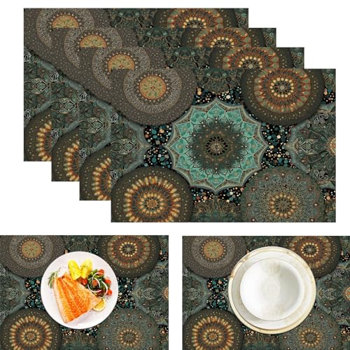 Platzsets Mandala Blumen, Tischset Satz Mit 2er Set 45x30cm Retro Boho Tischuntersetzer Abwaschbar Verrutscht Nicht Platzdeckchen Für Urlaub Bankett Die Küche Party Deko, Blaugrün von ZISTRCBAO