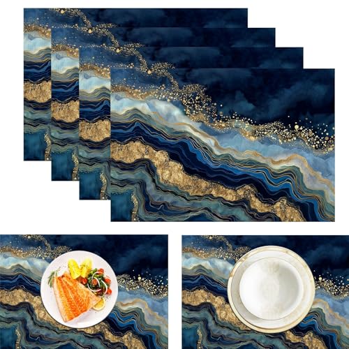 Platzsets Marineblauer Goldmarmor, Tischset Satz Mit 2er Set 45x30cm Moderner Luxus Tischuntersetzer Abwaschbar Verrutscht Nicht Platzdeckchen Für Urlaub Bankett Die Küche Party Deko, Dunkelblau von ZISTRCBAO
