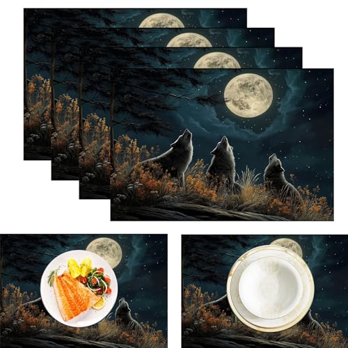 Platzsets Mondwolf, Tischset Satz Mit 2er Set 45x30cm Fantasy-Kunst Tischuntersetzer Abwaschbar Verrutscht Nicht Platzdeckchen Für Urlaub Bankett Die Küche Party Deko, Dunkelblau von ZISTRCBAO