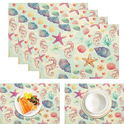 Platzsets Muscheln, Seesterne, Seepferdchen, Tischset Satz Mit 6er Set 45x30cm Meerestiere Tischuntersetzer Abwaschbar Verrutscht Nicht Platzdeckchen Für Urlaub Bankett Die Küche Deko, Mehrfarbig von ZISTRCBAO