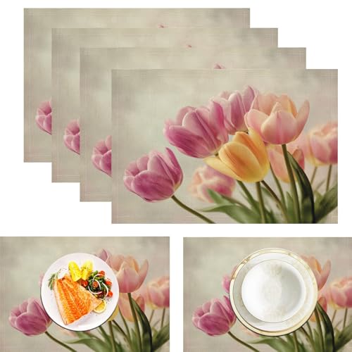 Platzsets Orangefarbene Tulpen, Tischset Satz Mit 6er Set 45x30cm Vintage Blumen Tischuntersetzer Abwaschbar Verrutscht Nicht Platzdeckchen Für Urlaub Bankett Die Küche Party Deko, Rosa von ZISTRCBAO