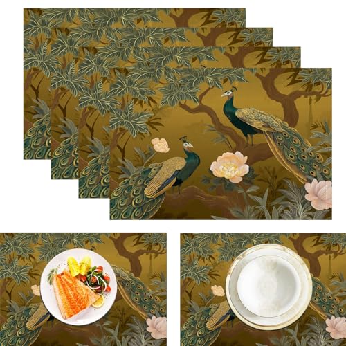 Platzsets Pfauenblumen, Tischset Satz Mit 4er Set 45x30cm Vintage-Luxus Tischuntersetzer Abwaschbar Verrutscht Nicht Platzdeckchen Für Urlaub Bankett Die Küche Party Deko, Braun von ZISTRCBAO