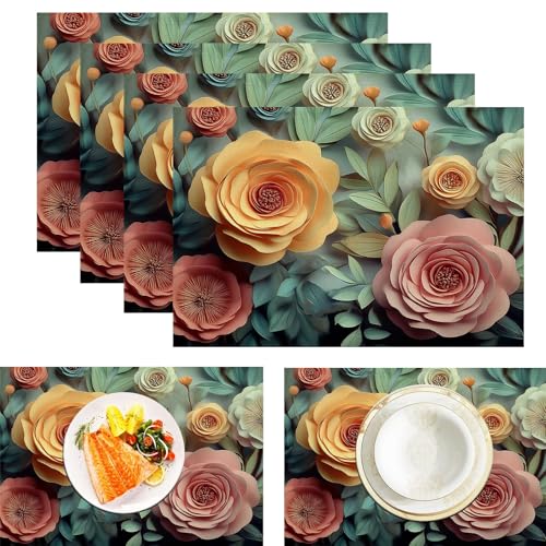 Platzsets Rosenblätter, Tischset Satz Mit 6er Set 45x30cm Vintage Blumen Tischuntersetzer Abwaschbar Verrutscht Nicht Platzdeckchen Für Urlaub Bankett Die Küche Party Deko, Mehrfarbig von ZISTRCBAO