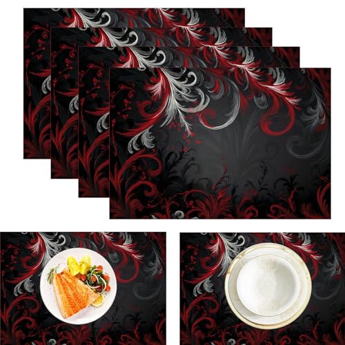 Platzsets Rote Feder, Tischset Satz Mit 6er Set 45x30cm Vintage-Luxus Tischuntersetzer Abwaschbar Verrutscht Nicht Platzdeckchen Für Urlaub Bankett Die Küche Party Deko, Grau von ZISTRCBAO